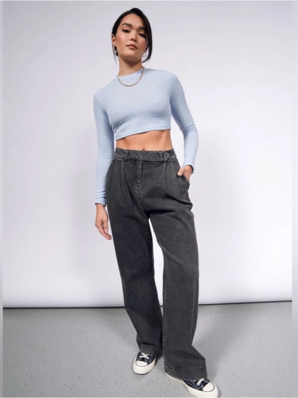 Wildfang Essential Denim Wide Leg Trouser High Rise Pleated Front 26W